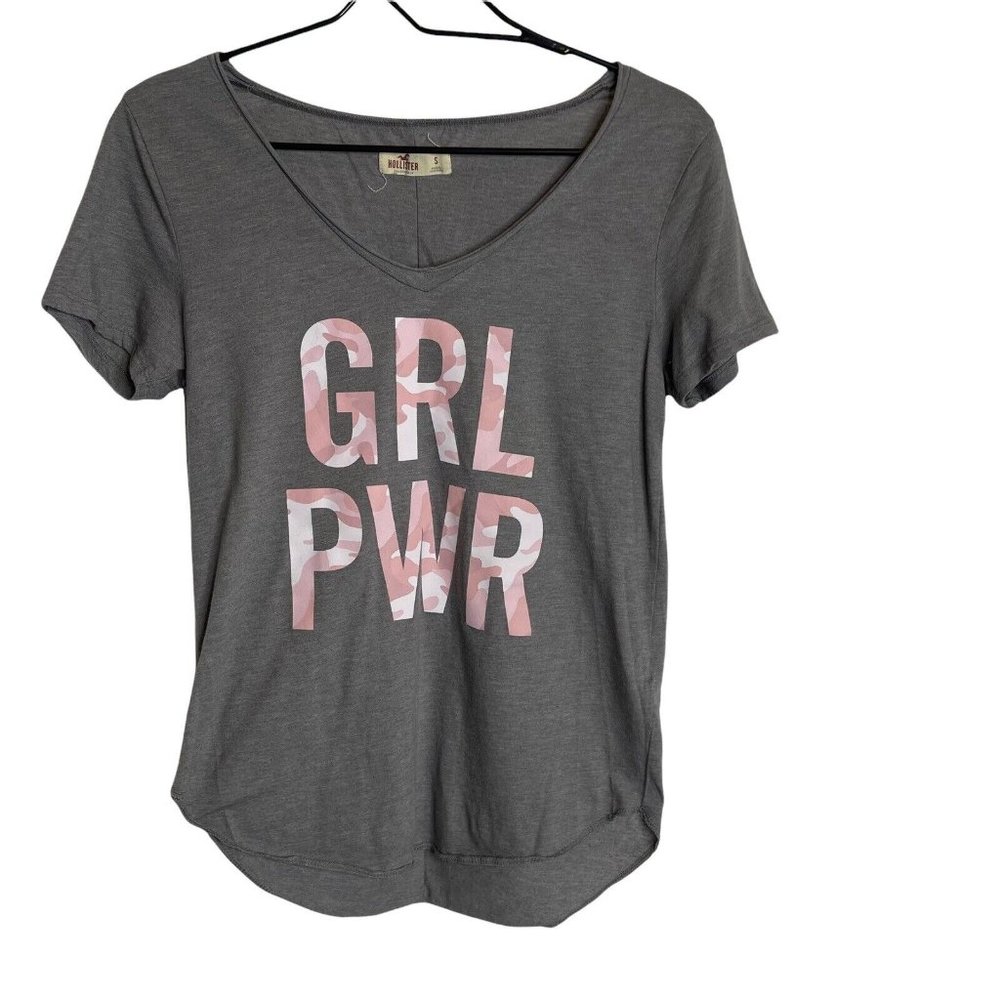 Hollister Women's S Short Sleeve Scoop Neck Grey & Pink Camo Girl Power T-Shirt